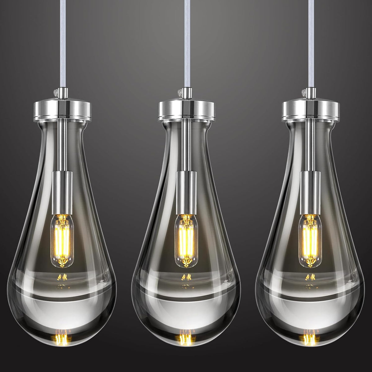 Raindrop Pendant Lights Kitchen Island Set of 3 Teardrop Chrome Hanging Light Fixtures Clear Solid Glass Pendant Light Modern Chandeliers for Dining Room Porch Corridor Living Room