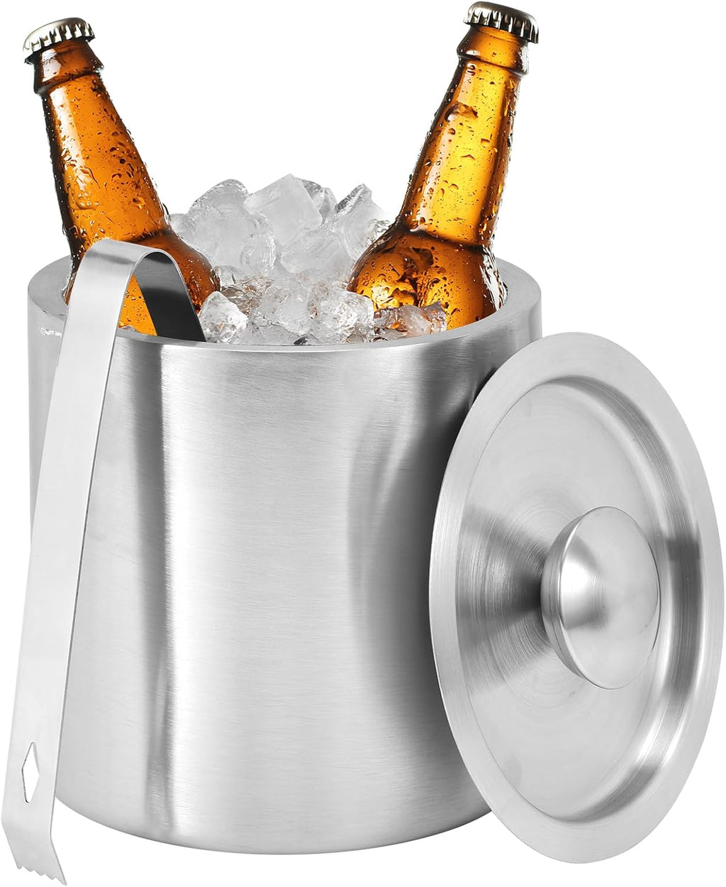 1.3L Stainless Steel Ice Bucket with Lid and Tongs, Small Double Wall Ice Pail Chill Container for Cocktails, Beer