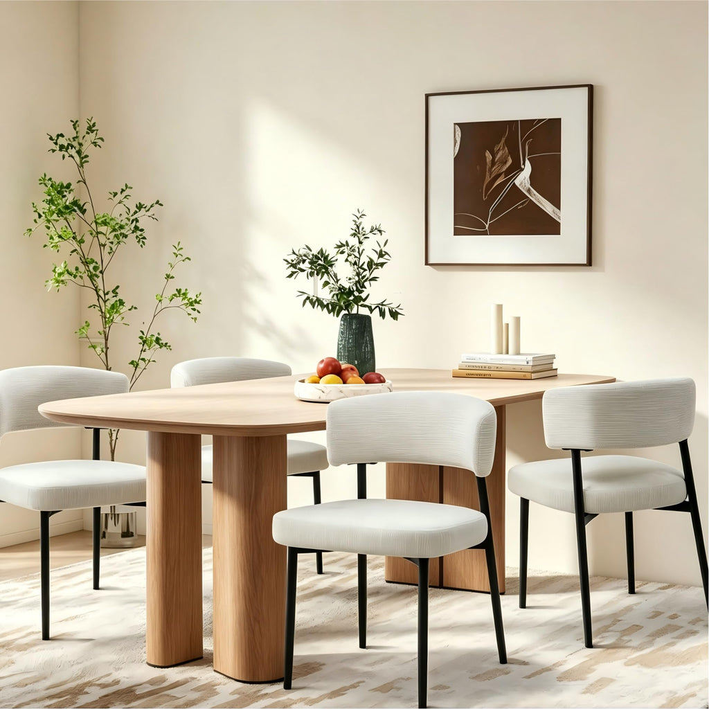 Set of 4, Boucle Fabric Modern Mid Century Round Kitchen Chairs with Curved Backrest & Metal Legs for Vanity, Living