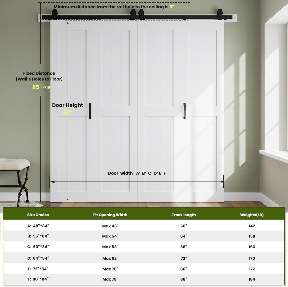 Bifold Barn Door 64'' x 84'',Bi-Fold Sliding Closet Doors with Hardware Kit Included,72'' Track Kit for 4 Doors