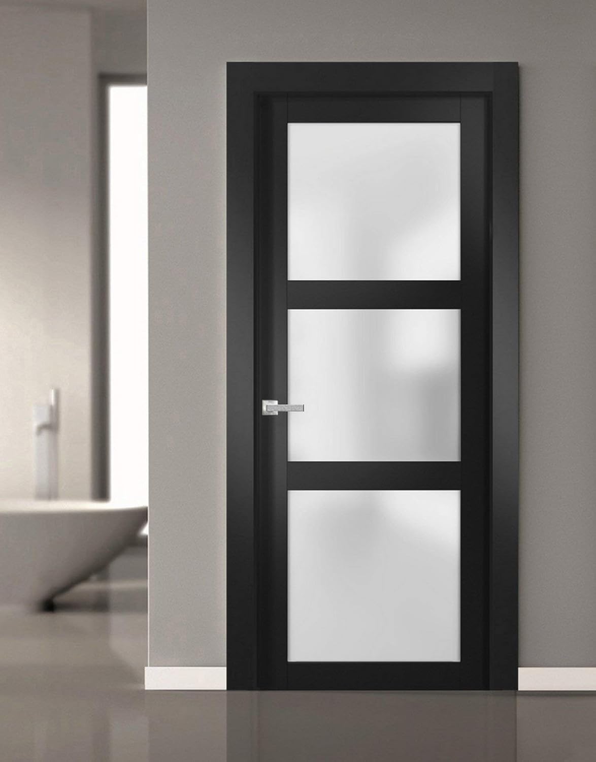 Solid French Door Frosted Glass 32 x 80 inches | Lucia 2552 Matte Black | Single Regular Panel Frame Trims Handle | Bathroom Bedroom Sturdy Doors