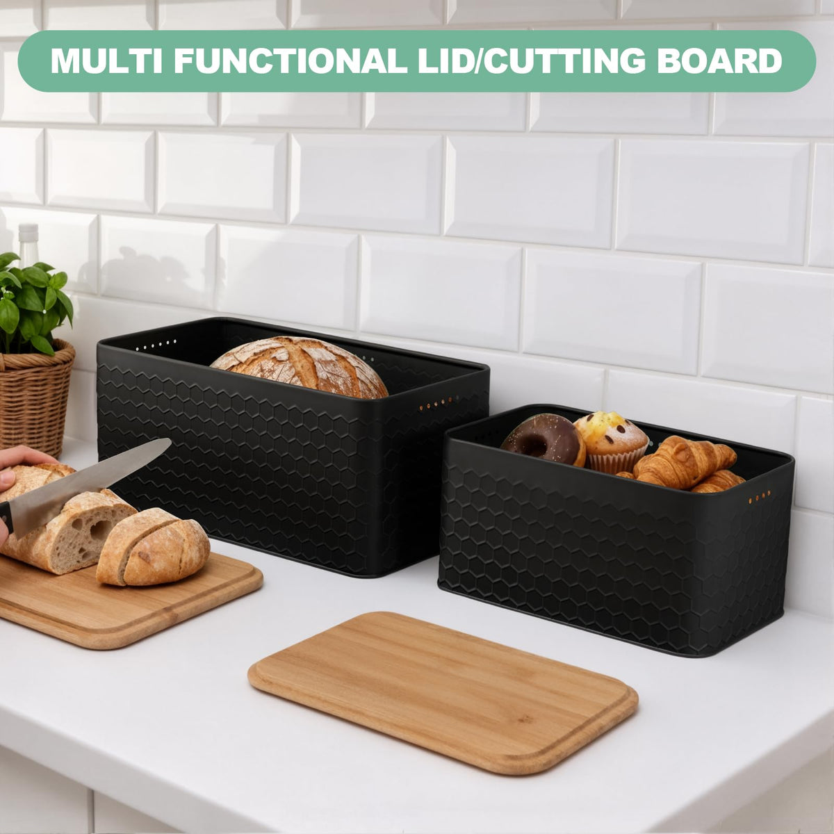Metal Set of 2 with Bamboo Lid, Modern Bread Storage Containers with Air Vents, Bamboo Cutting Board Lid, Farmhouse