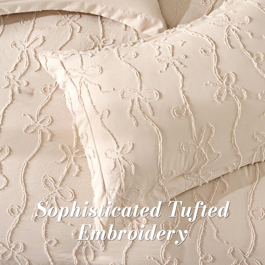 7 Pieces Bow Tufted Boho Comforter Set Khaki Farmhouse Shabby Chic Embroidered Bedding for All Seasons Queen Size