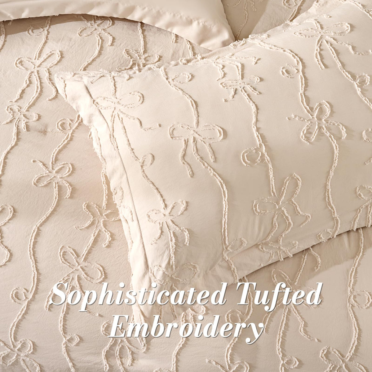 7 Pieces Bow Tufted Boho Comforter Set Khaki Farmhouse Shabby Chic Embroidered Bedding for All Seasons Queen Size
