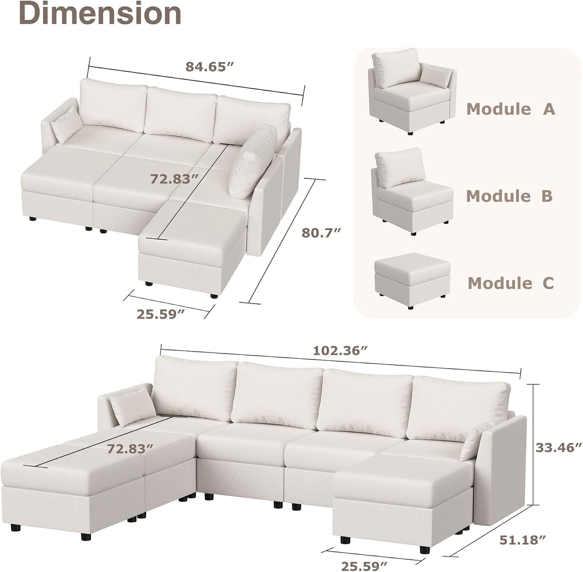 Modular Sectional Sofa Couches, Large Convertible Modular Couches with Storage