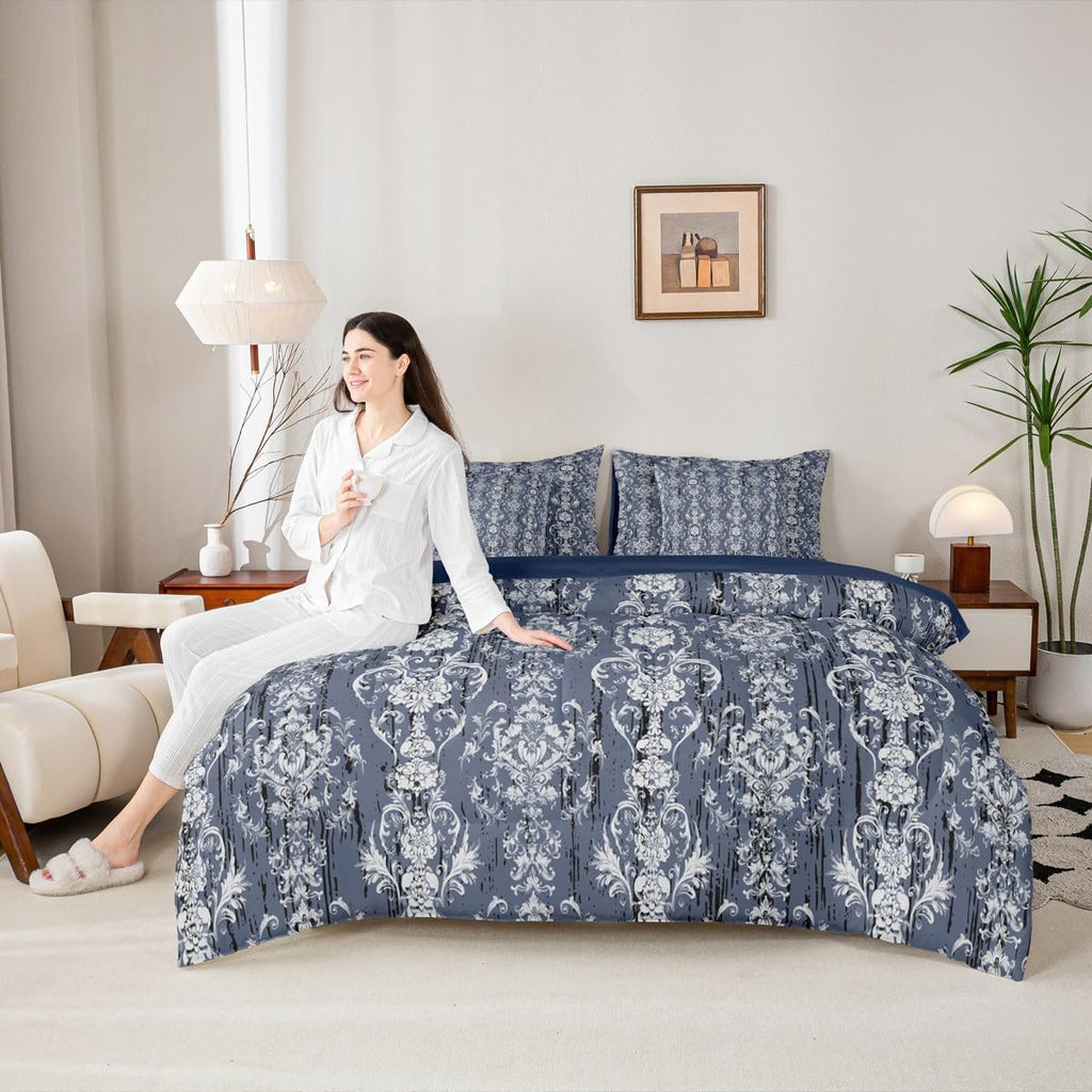 Damask Twin Comforter Set 7 Piece for Adults Women Men Gothic European Floral Bed in A Bag with Sheets Boho Baroque