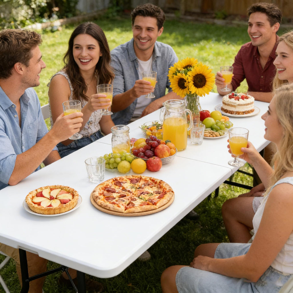 8FT Folding Picnic Table for Indoor Outdoor, Portable Fold-in-Half Plastic Dining Camping Party Table with Carrying