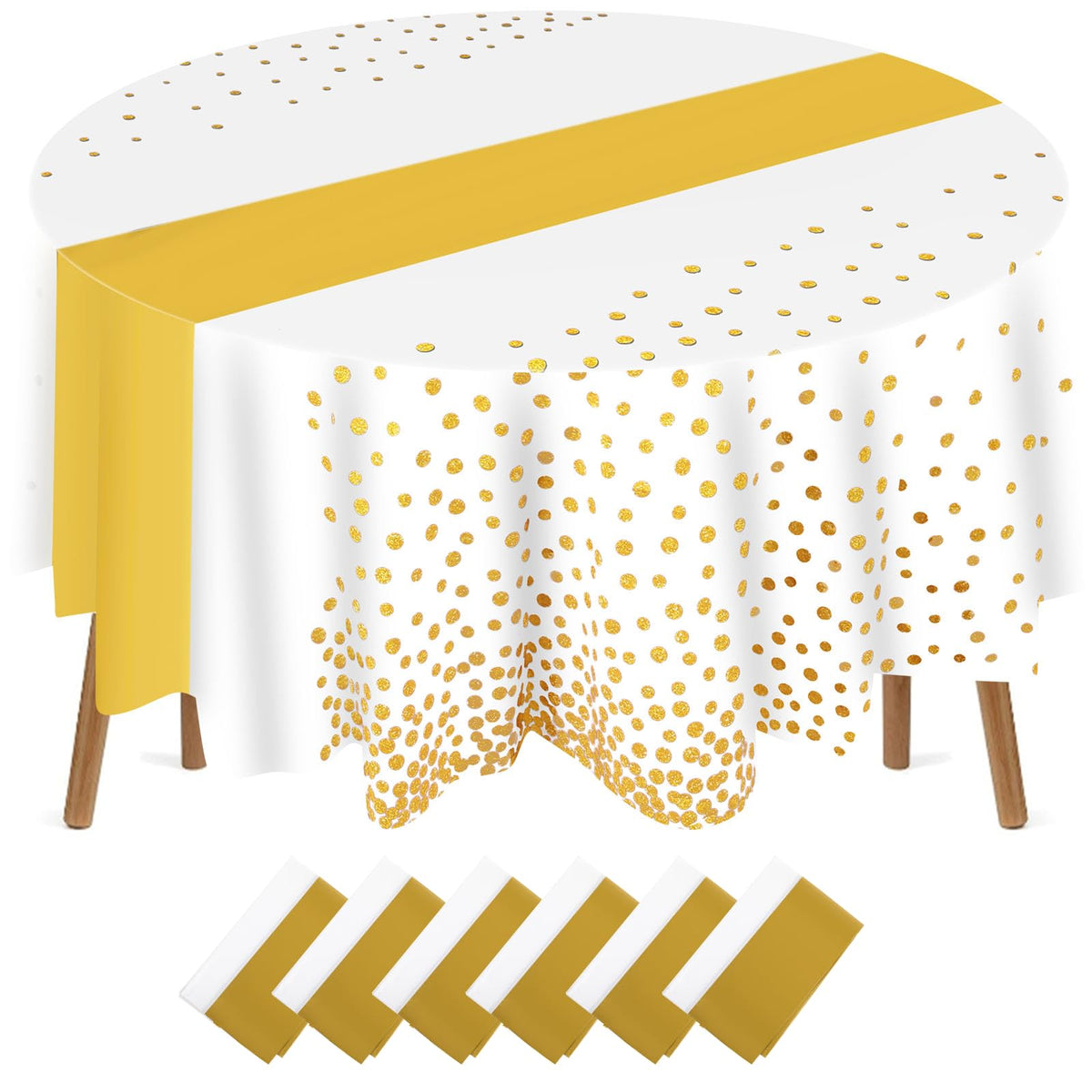 84inch Round Disposable Polka Dot Cover, White, Gold, 6 Pcs