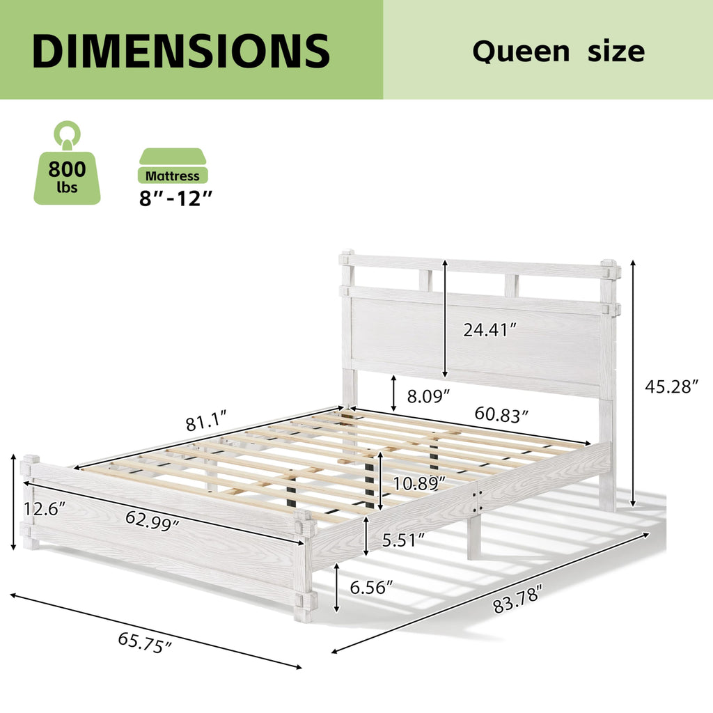 Laramie Farmhouse Bed Frame, Wooden Bed Frame with Two Tier Headboard and Wood Slat Support, Wood