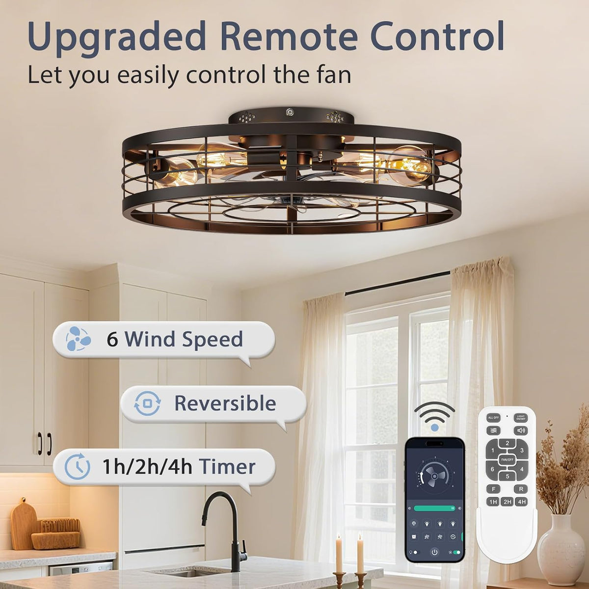 23.6" Flush Mount Caged Chandelier Ceiling Fan with Light & Remote