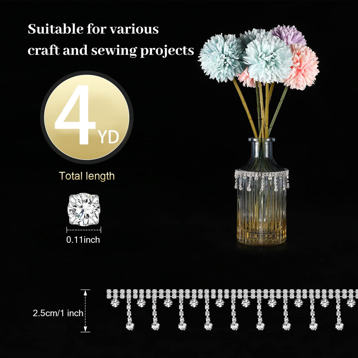 Rhinestone Fringe Trim Gold Crystal Cuttable,4 Yards,Silver - 2 Yard