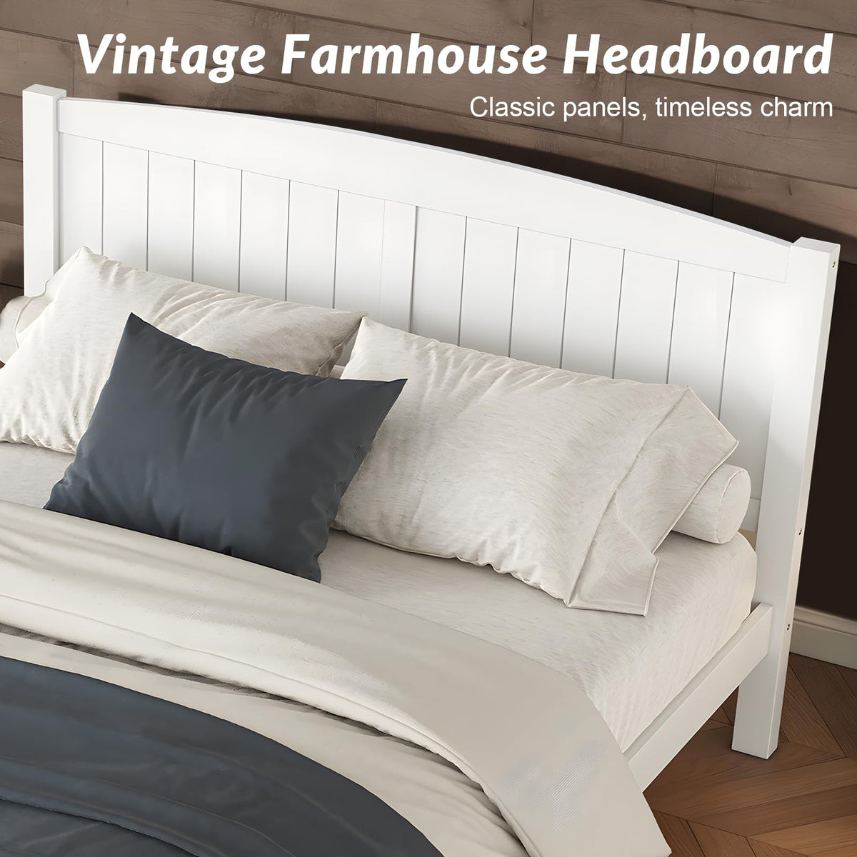 Farmhouse Bed Frame with Headboard & Footboard, White Wood Bed