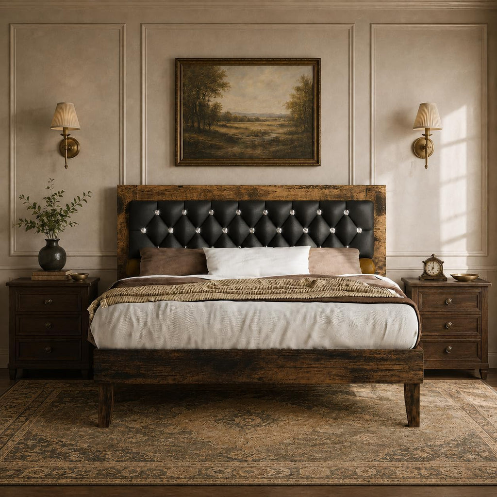 Wood Bed Frame with Diamond Tufted Headboard, Walnut