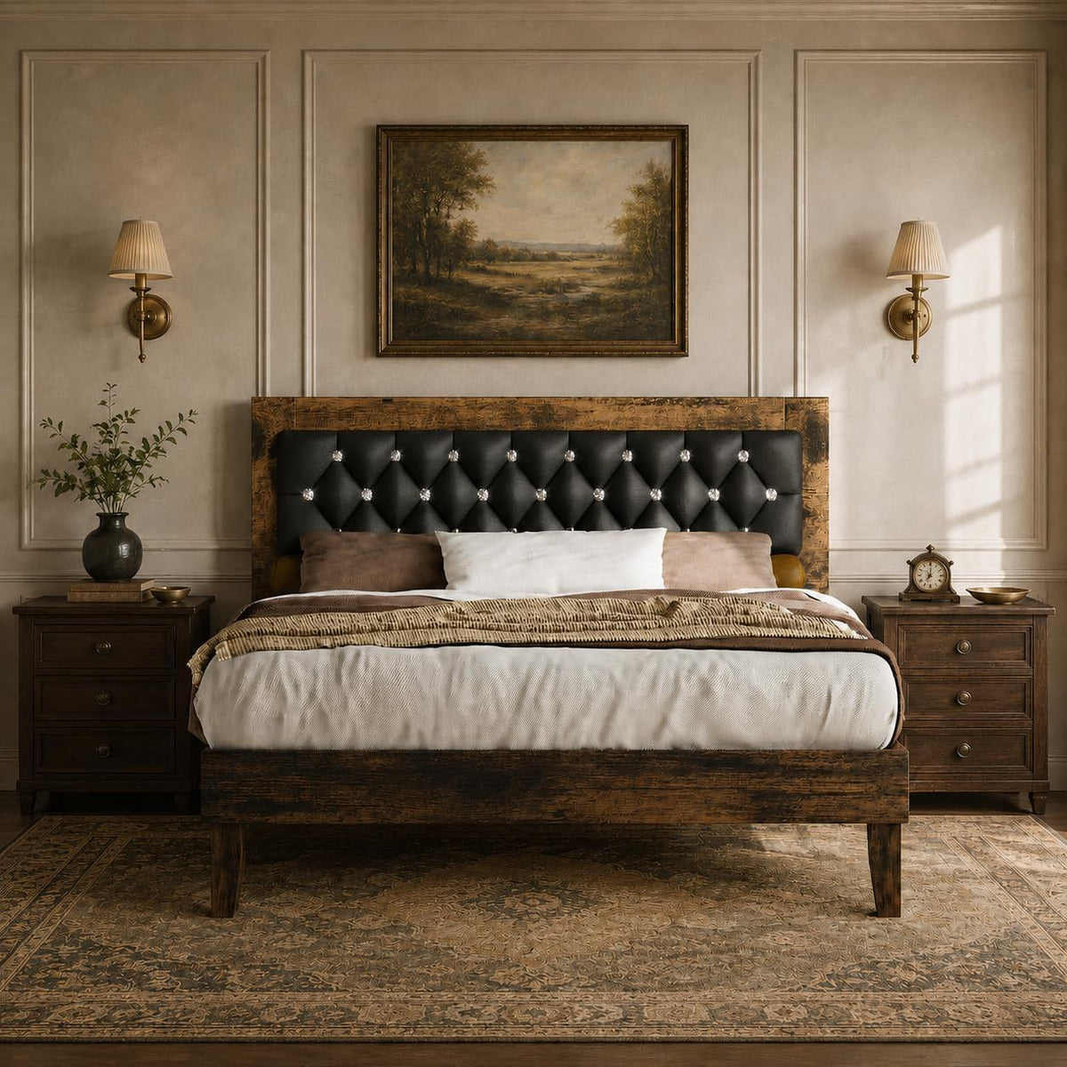 Wood Bed Frame with Diamond Tufted Headboard, Walnut