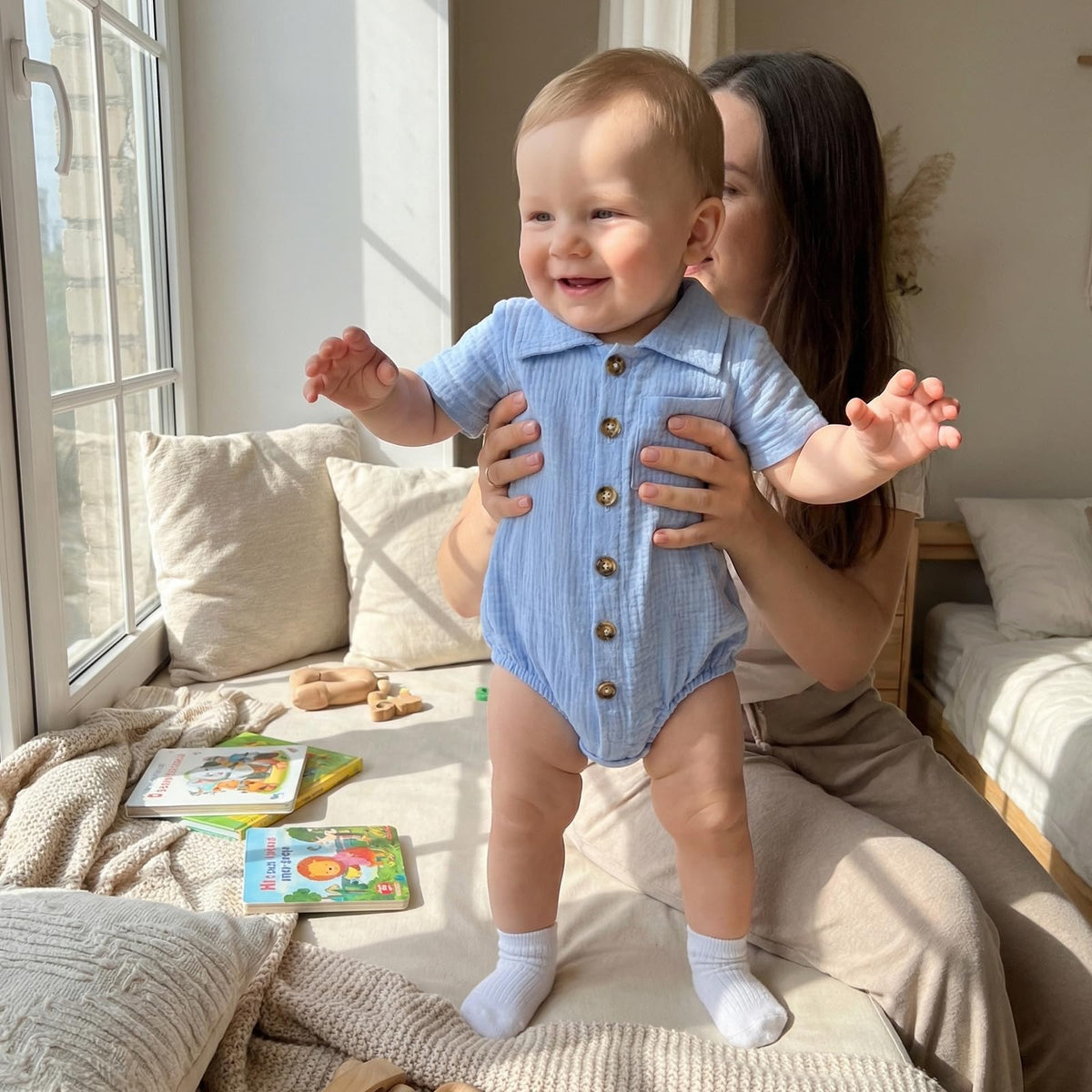 Infant Baby Boy Summer Clothes Muslin Button Up Shirt Bodysuit Short Sleeve Collared Bubble Romper One Piece Outfit
