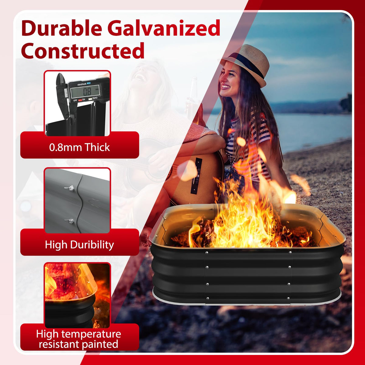 Height 11.5 Inch, Square Galvanized Steel Fire Pit for Outside, Heavy Duty Steel Fire Pit In-Ground for Backyard