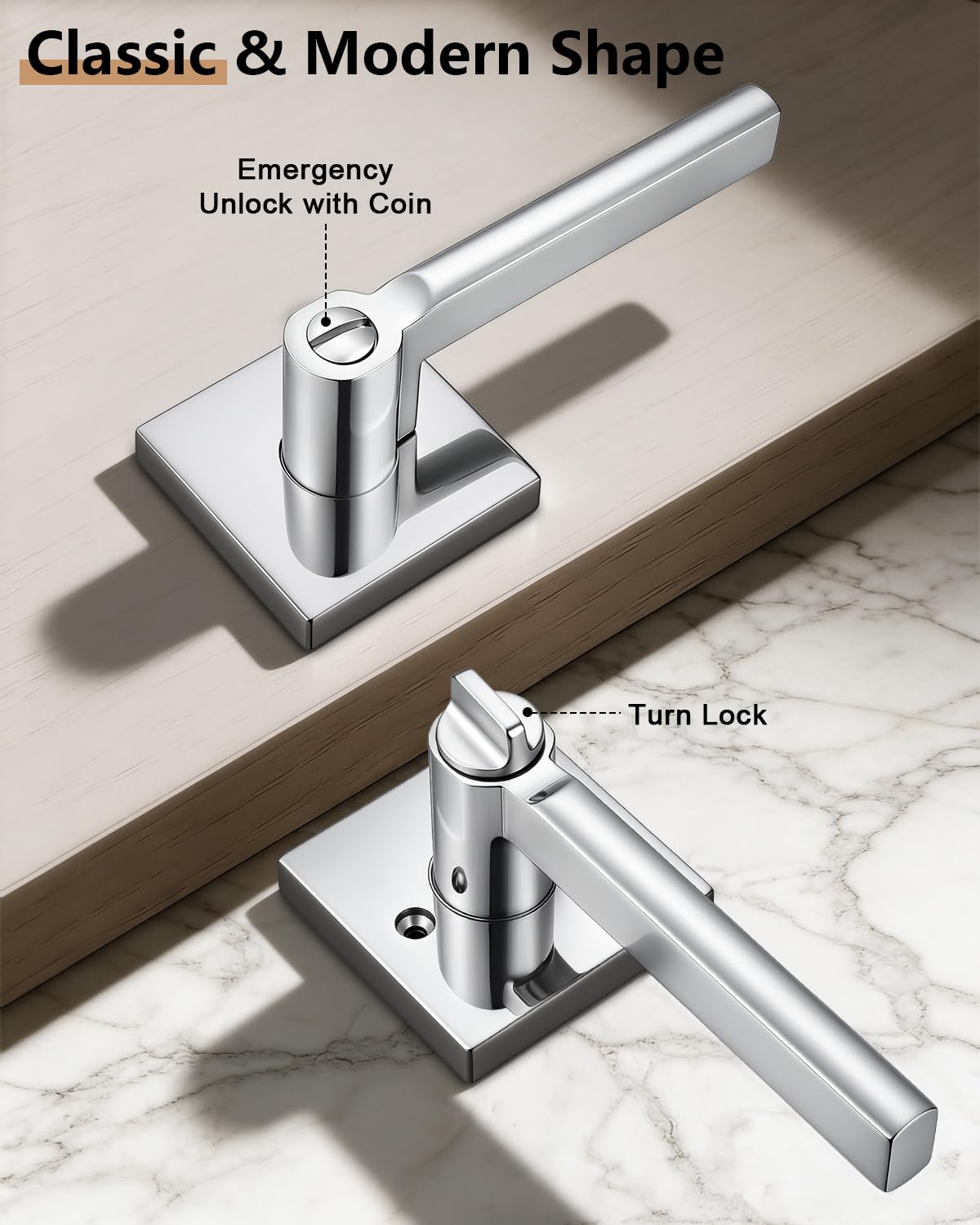 2 Pack Interior Privacy Door Handles, Polished Chrome Heavy Duty Levers with Lock Bathroom, Square Lockset Upgrade