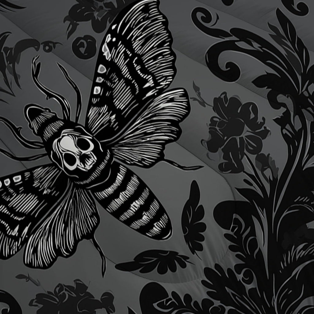 Comforter Set, 3 Pcs Fantasy Moth Comforter with Gothic Brocade Pattern, Reversible Deep Black Comforters, Soft