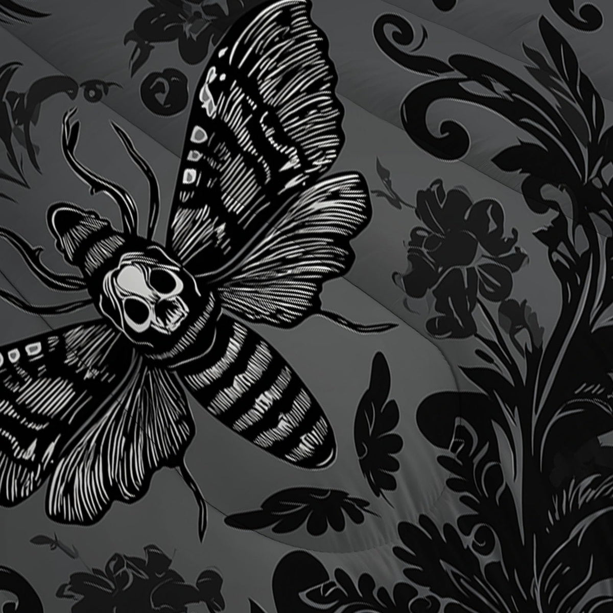 Comforter Set, 3 Pcs Fantasy Moth Comforter with Gothic Brocade Pattern, Reversible Deep Black Comforters, Soft