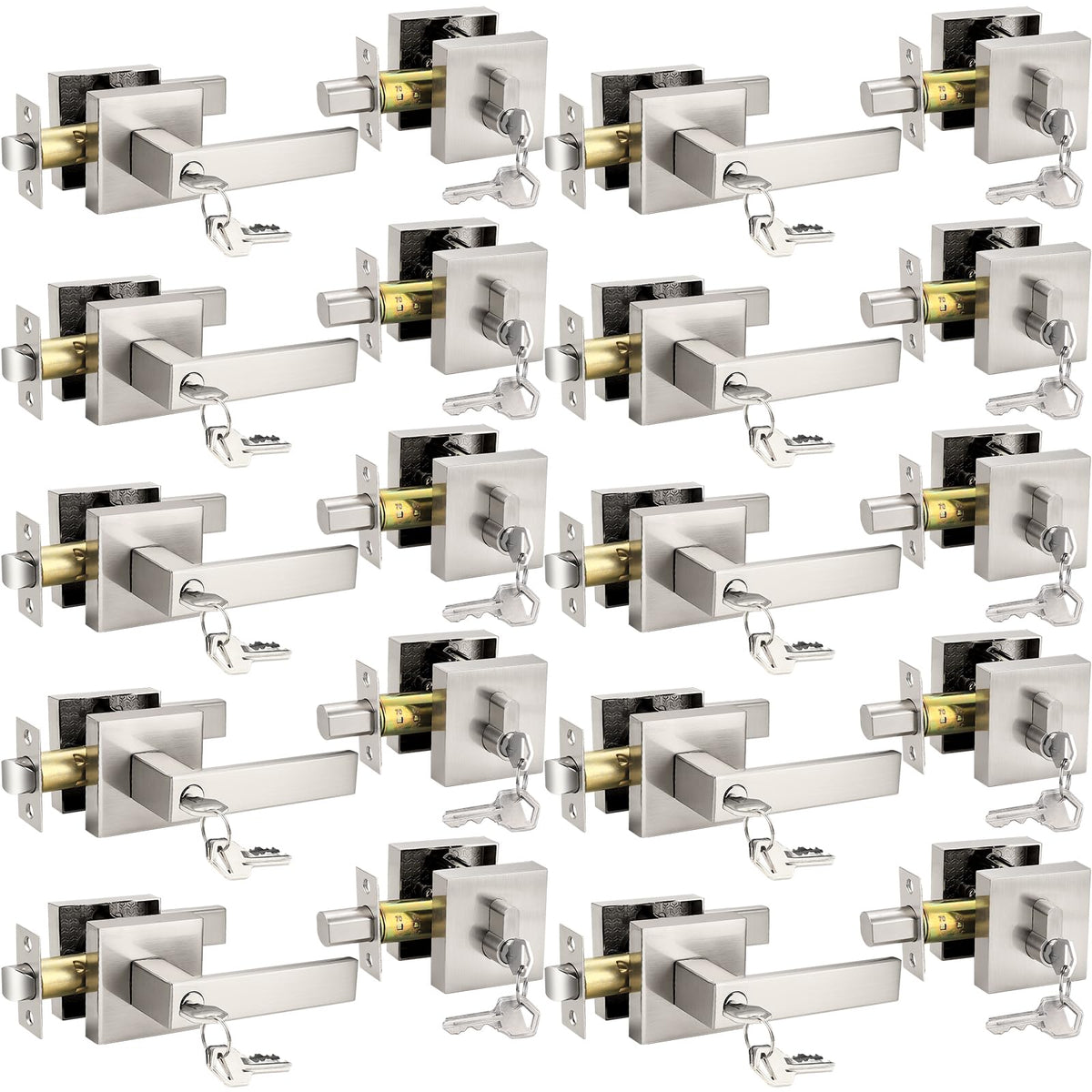 Square Keyed Entry Levers and Single Cylinder Deadbolts Combo Pack, Satin Nickel Heavy Duty Entrance Locksets Bedroom