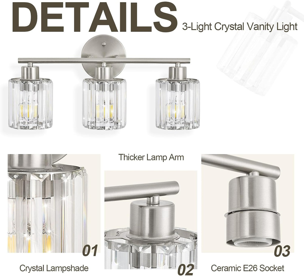 Modern Brushed Nickel Crystal Bathroom Light Fixtures,3-Light | Bathroom Lighting Fixtures over Mirror,Vanity Lights