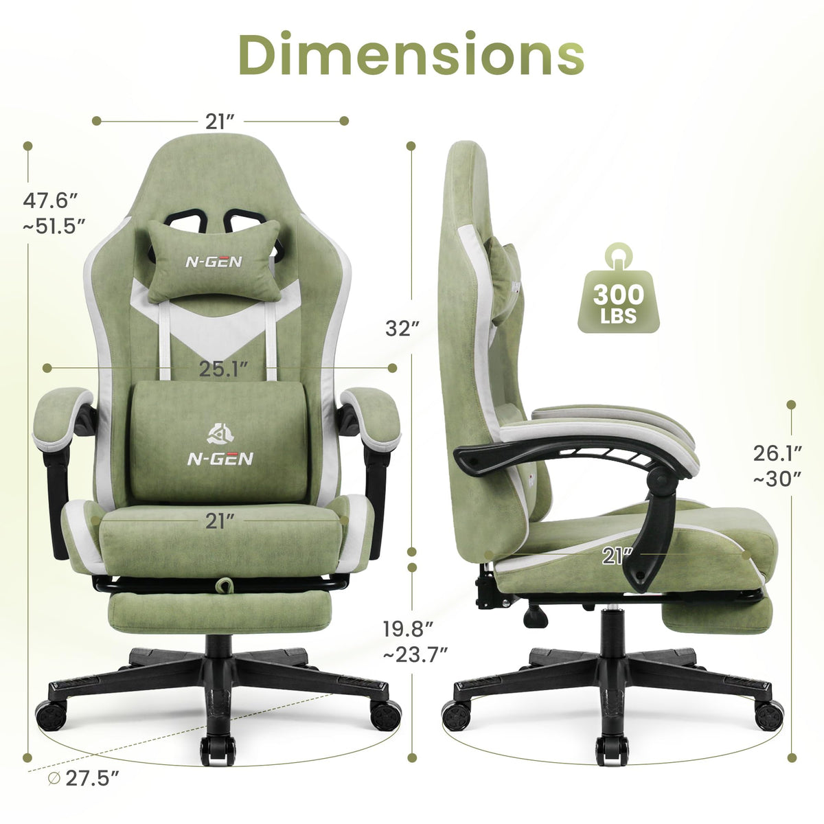 Gaming Chair, Lumbar Support with Breathable Fabric, Green