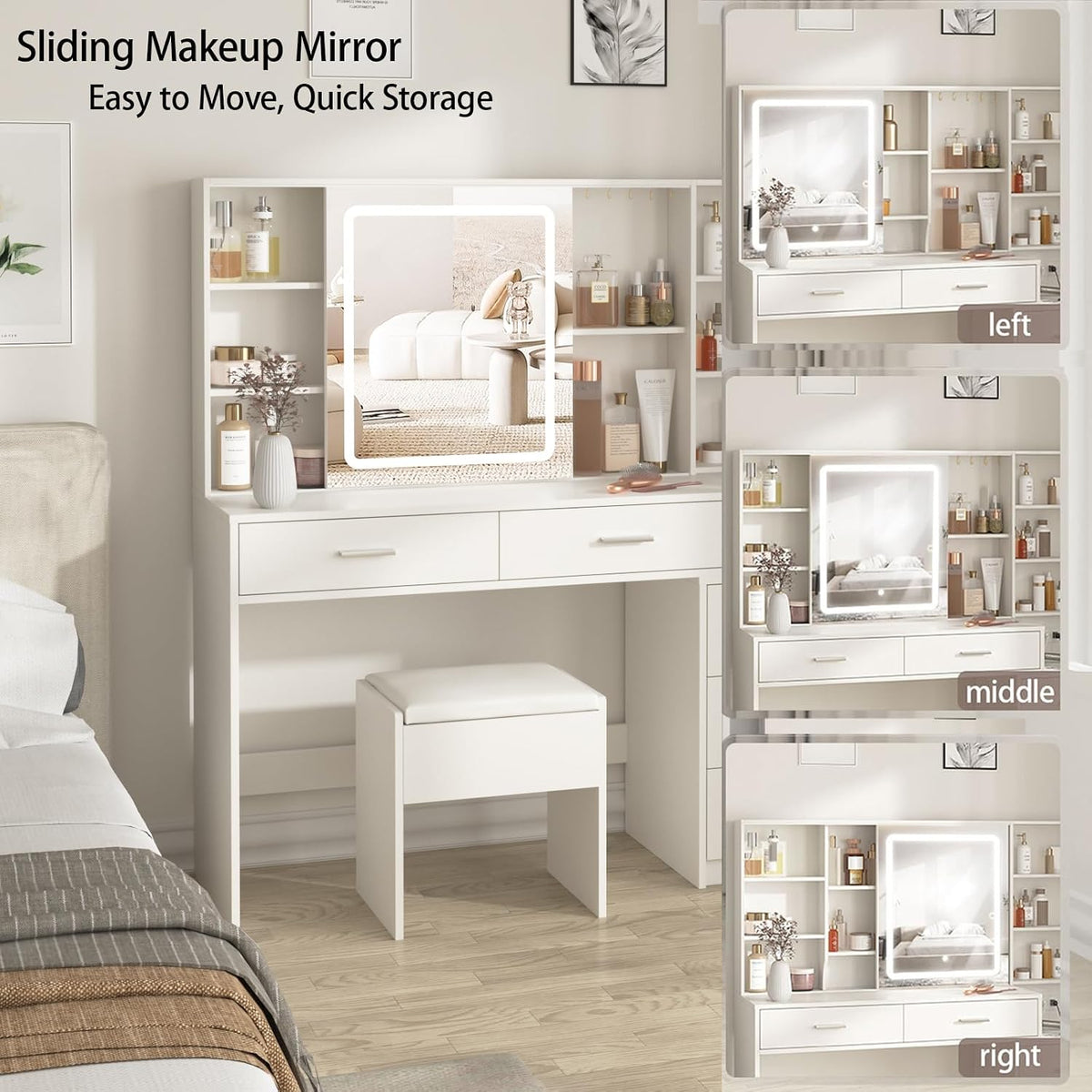 Vanity Desk with Mirror and Lights, Makeup Vanity with 5 Drawers, Makeup Desk with Charging Station and Ample
