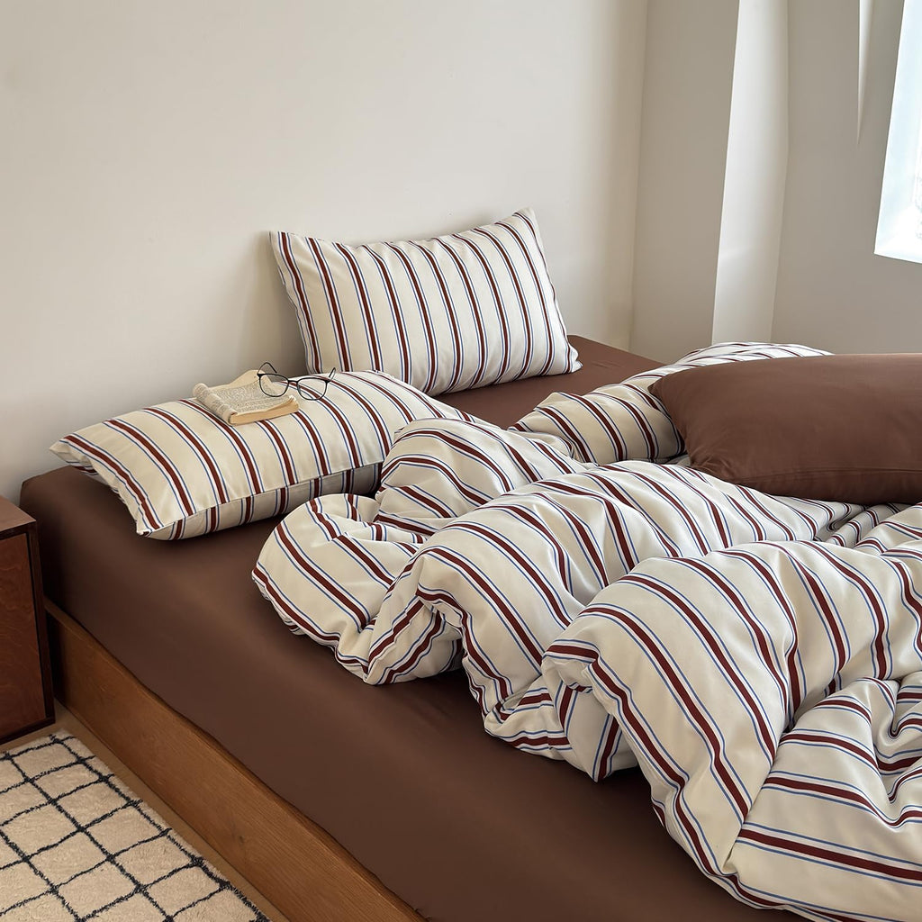 Retro Striped Duvet Cover - 3-Piece Vintage Red Brown & Blue Stripes Printed Duvet Cover Set, Soft Washed
