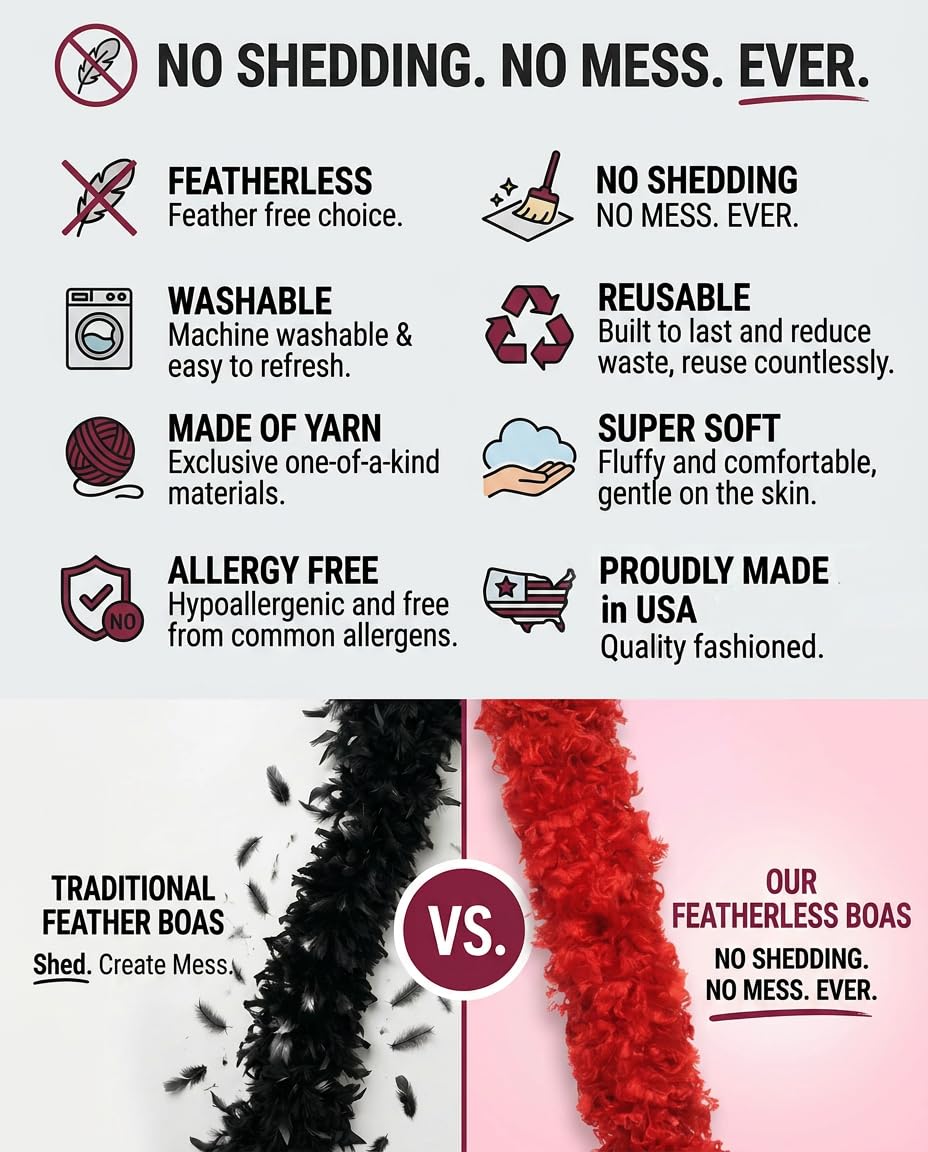 Featherless Super-Sized Faux Feather Boa (Made of Yarn) - U.S. Patent # D814,740. Cut to Length. Made in America