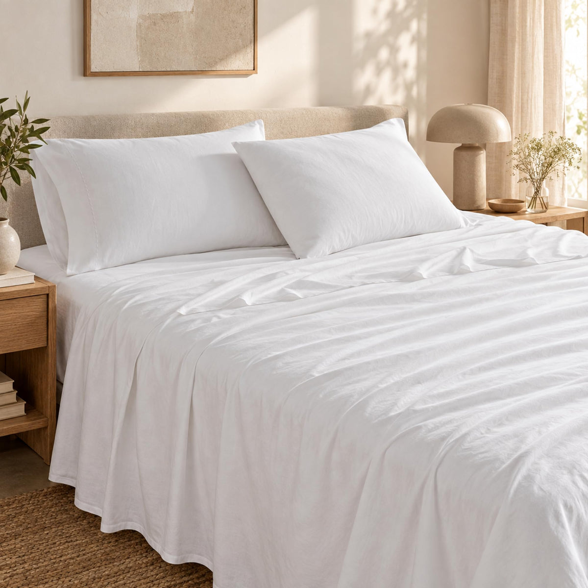 100% Organic Cotton Queen Sheets Set, Percale Snow White