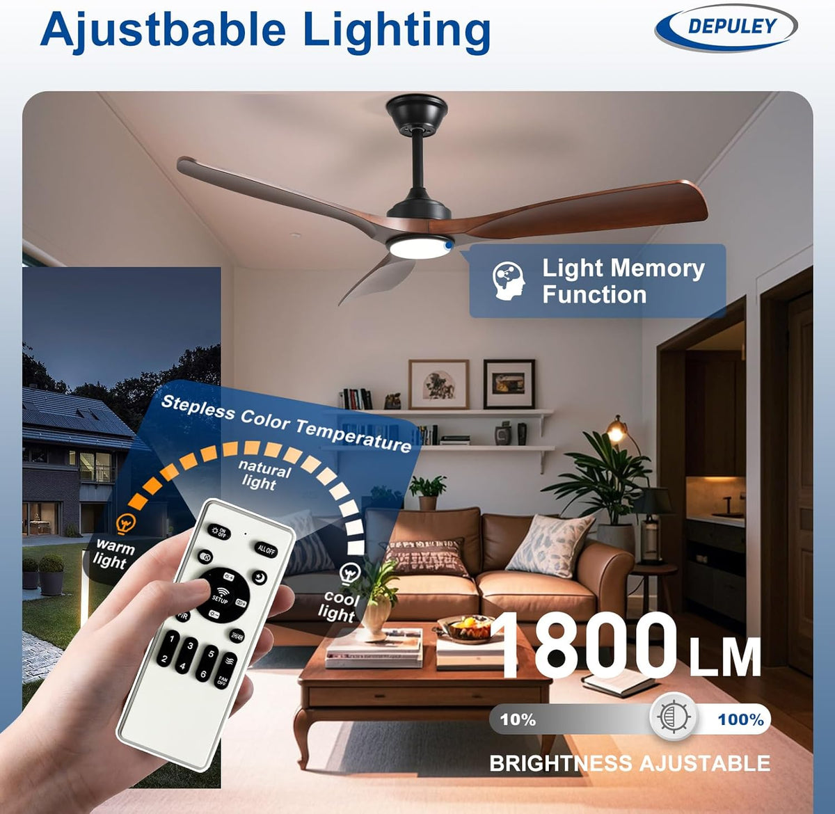 52" Walnut Indoor/Outdoor Ceiling Fan with Light & Remote