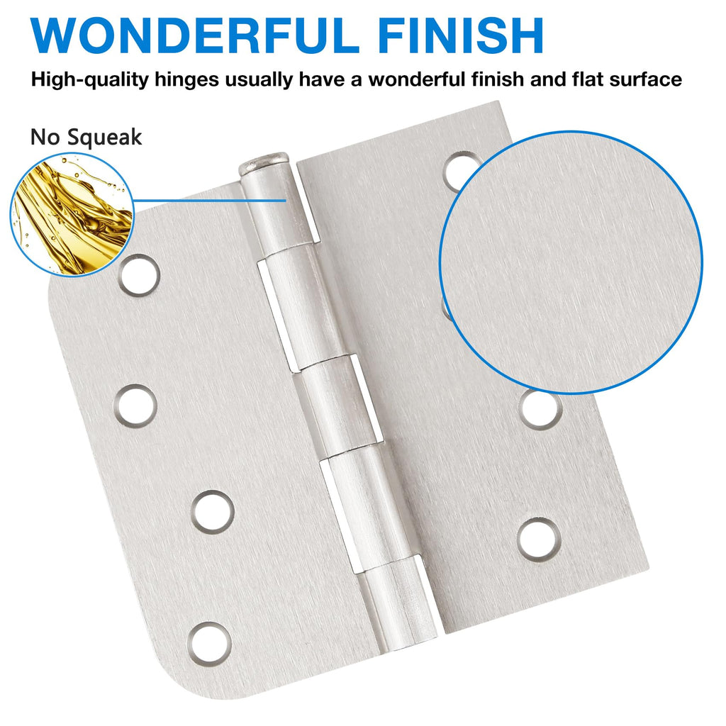 6 Pack Brushed Nickel Door Hinges 4" Square Rounded & 5/8" Radius Corners