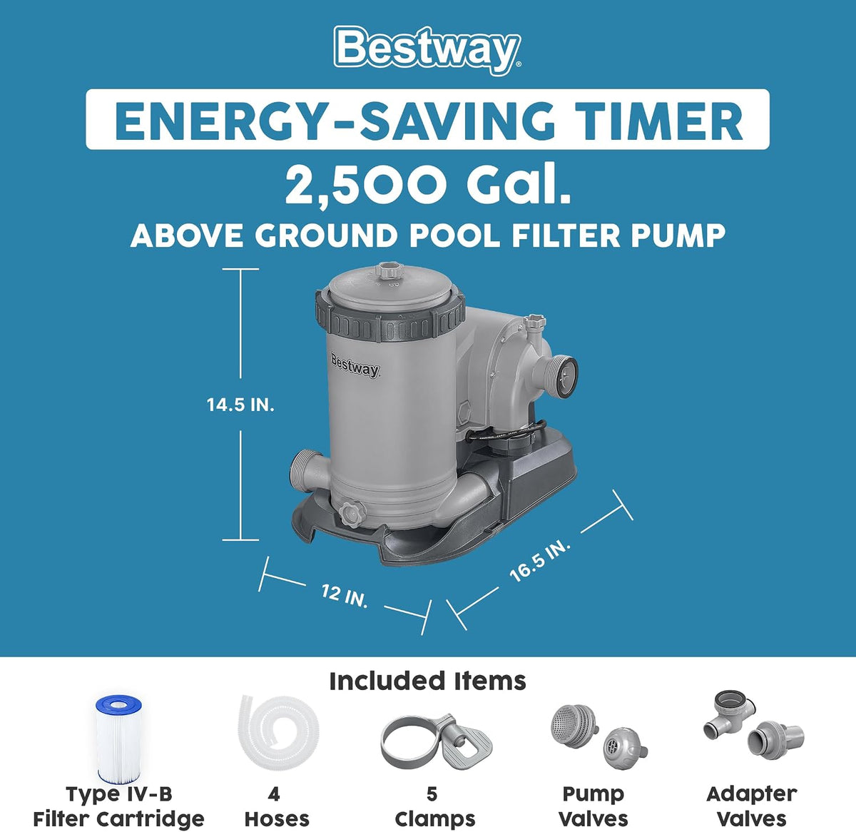 2,500 GPH Filter Pump for Above Ground Swimming Pool with Type IV-B Cartridge, Adapter Accessories and Timer