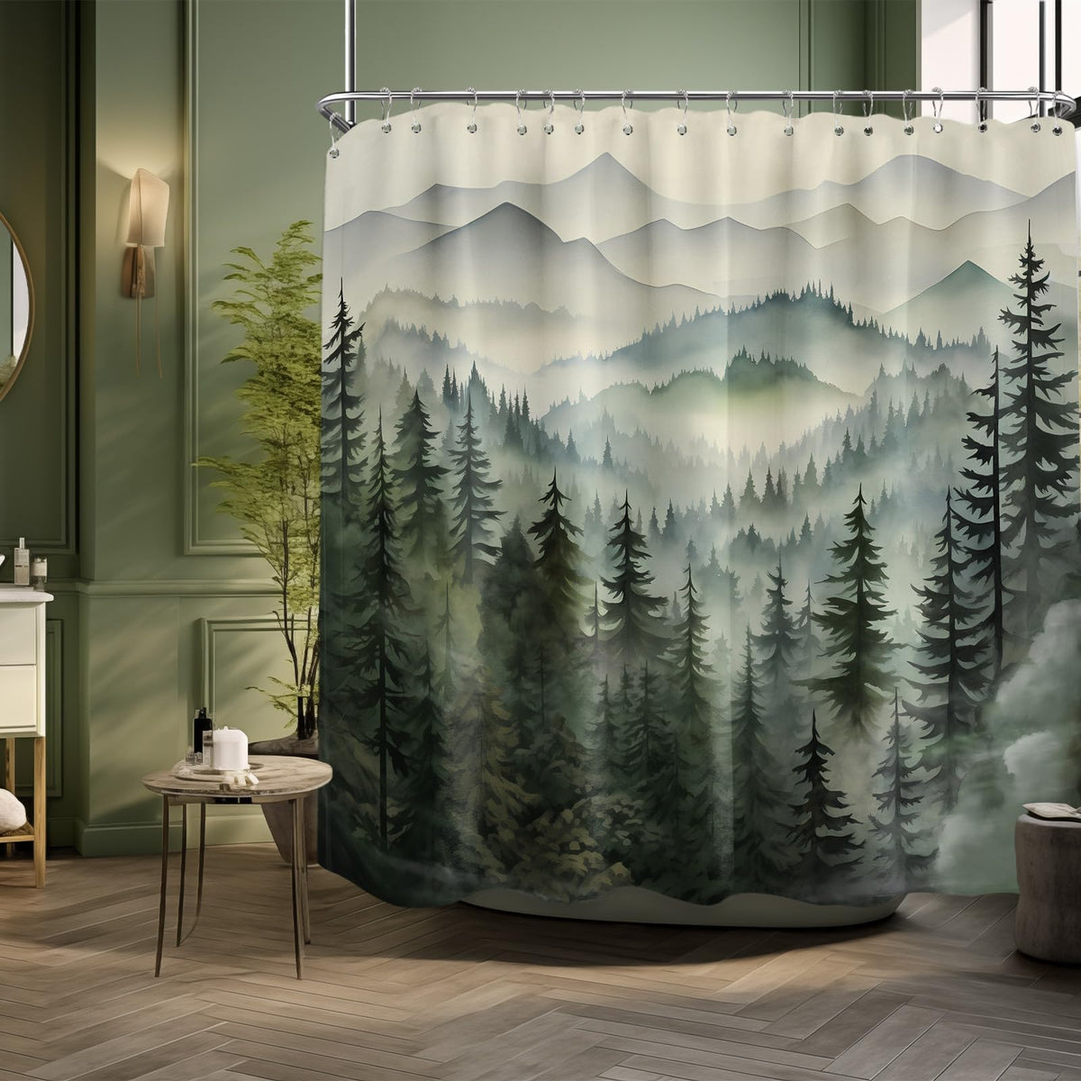 Sage Green Forest Extra Wide Shower Curtain, 108X72 in for Clawfoot Tub