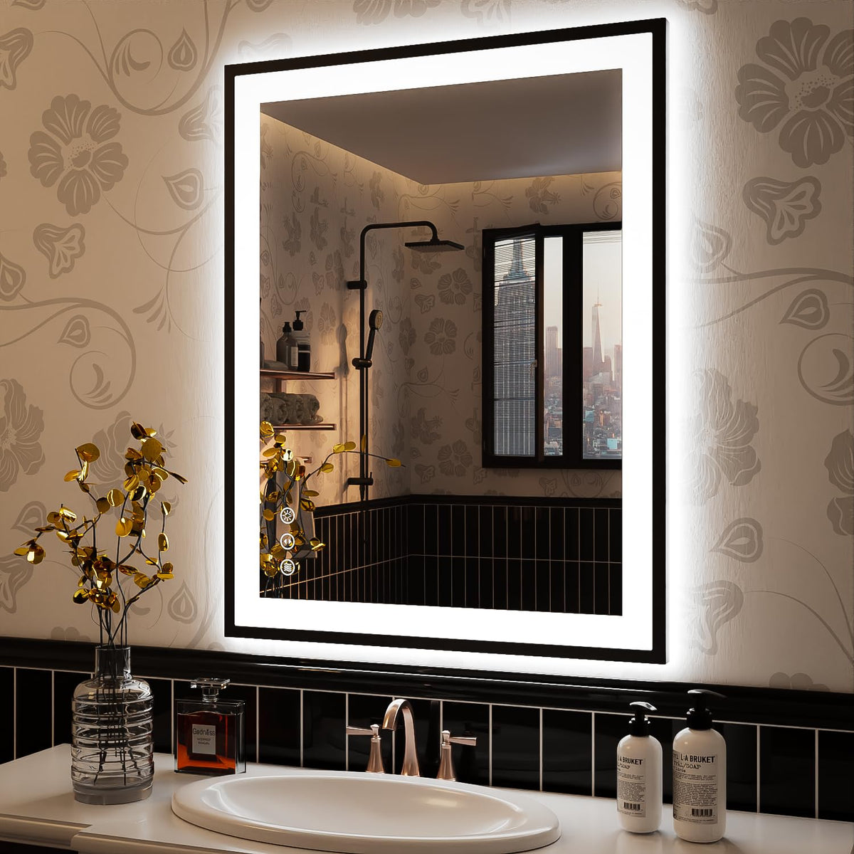 32x24 Framed LED Bathroom Mirror, Dimmable Front & Backlit, Anti-Fog