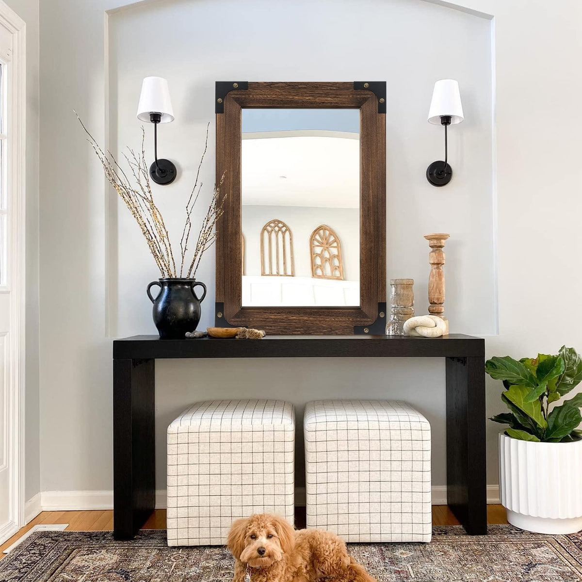 Rustic Rectangle Bathroom Mirror 20x28 Inch Wood & Iron, Iron