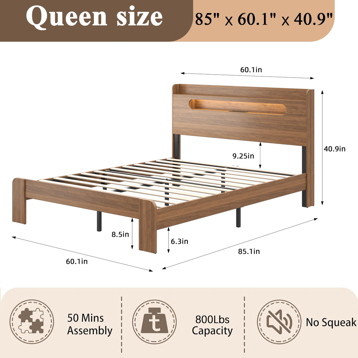 Wooden Queen Bed Frame with Storage Headboard, Farmhouse Platform