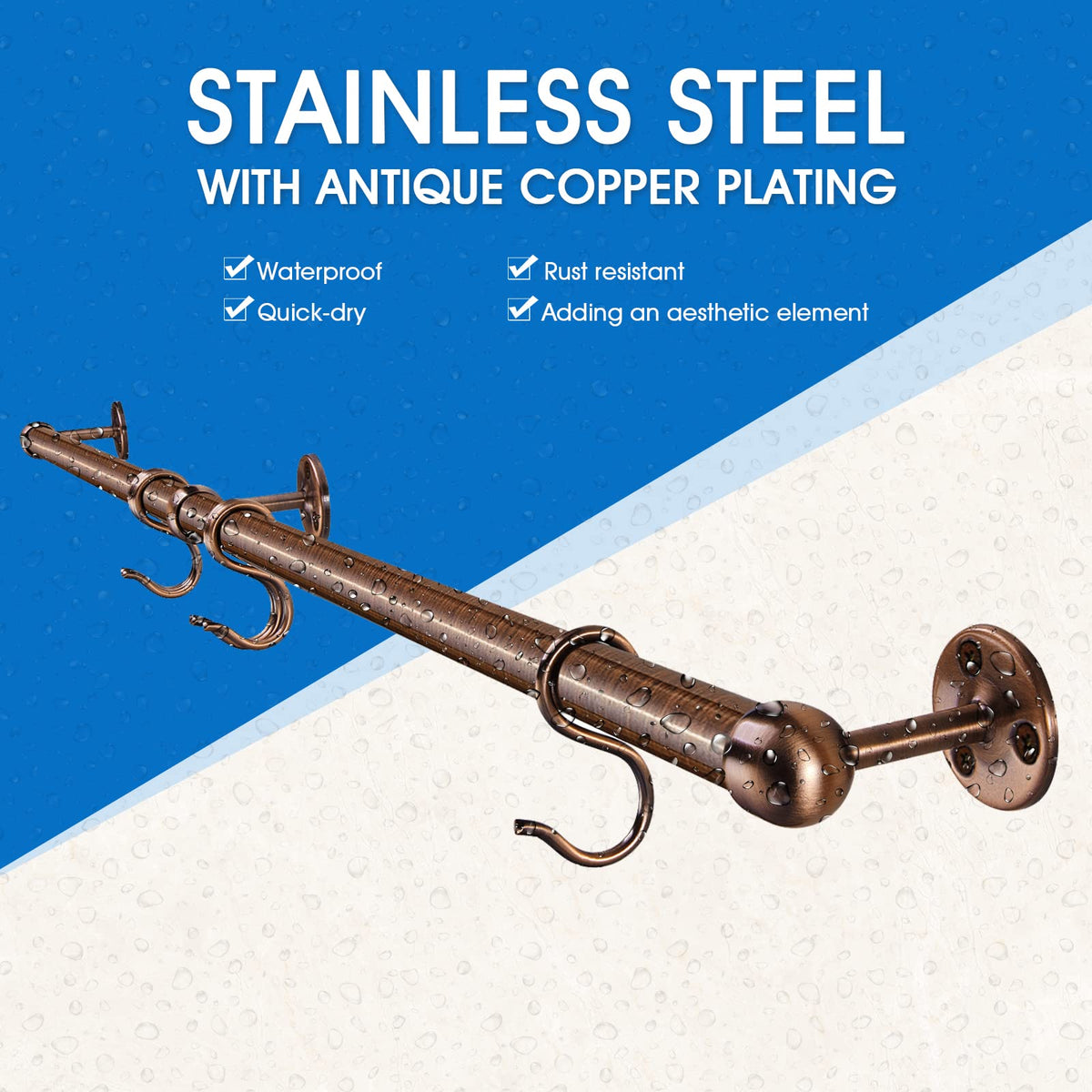 39.4 Inch Stainless Steel Wall Mounted Hanging Pot and Pan Rack with Adjustable S Hooks, Antique Copper
