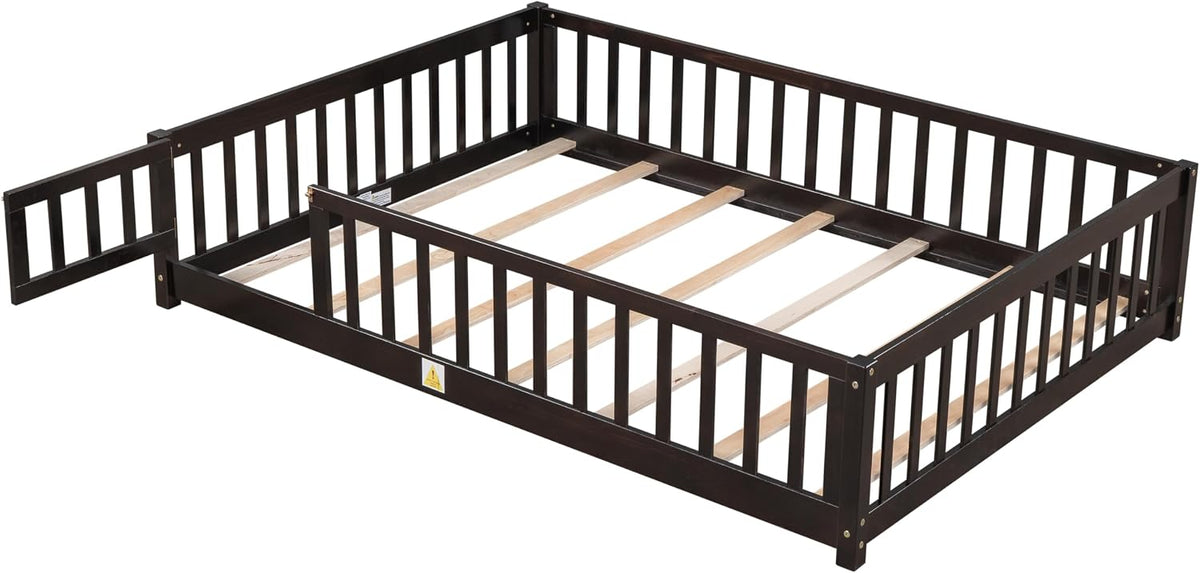 Floor Bed for Kids, Girls, Boys, Rubber Wood Floor Bed with slats and Door/Rails/Fence, Espresso