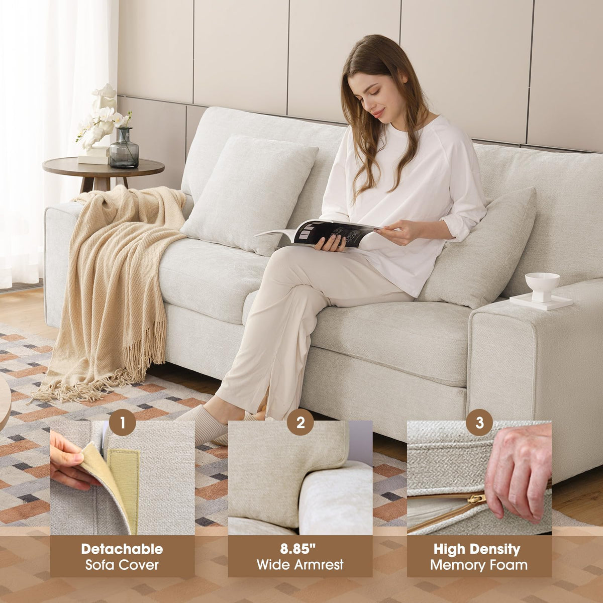 71.25" Chenille Loveseat Sofa, Beige, Modern Couch