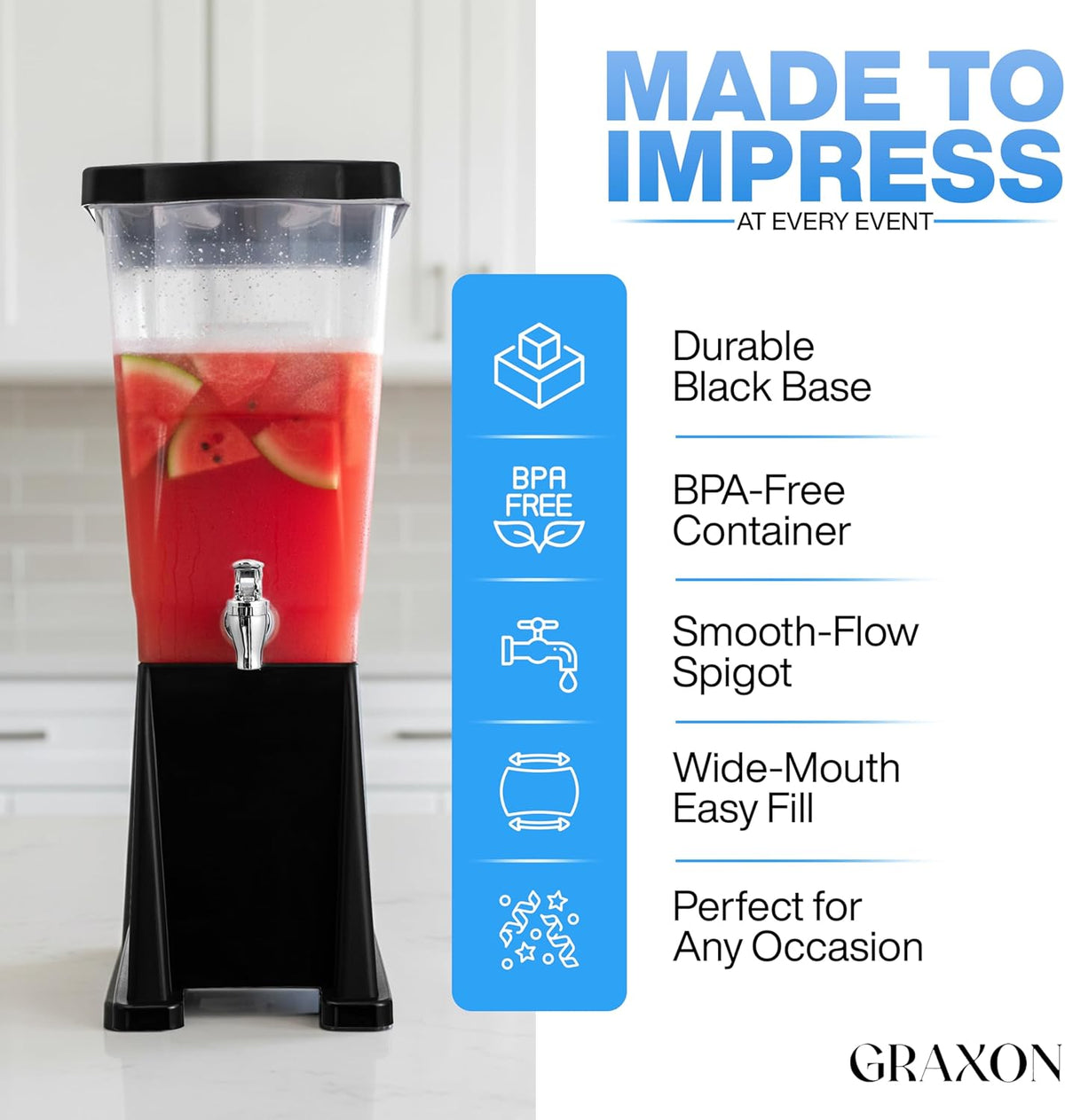 Large Drink Dispenser for Parties (3 Gallon) Slim Plastic Beverage Dispenser with Base for Counter Tops, No Mess