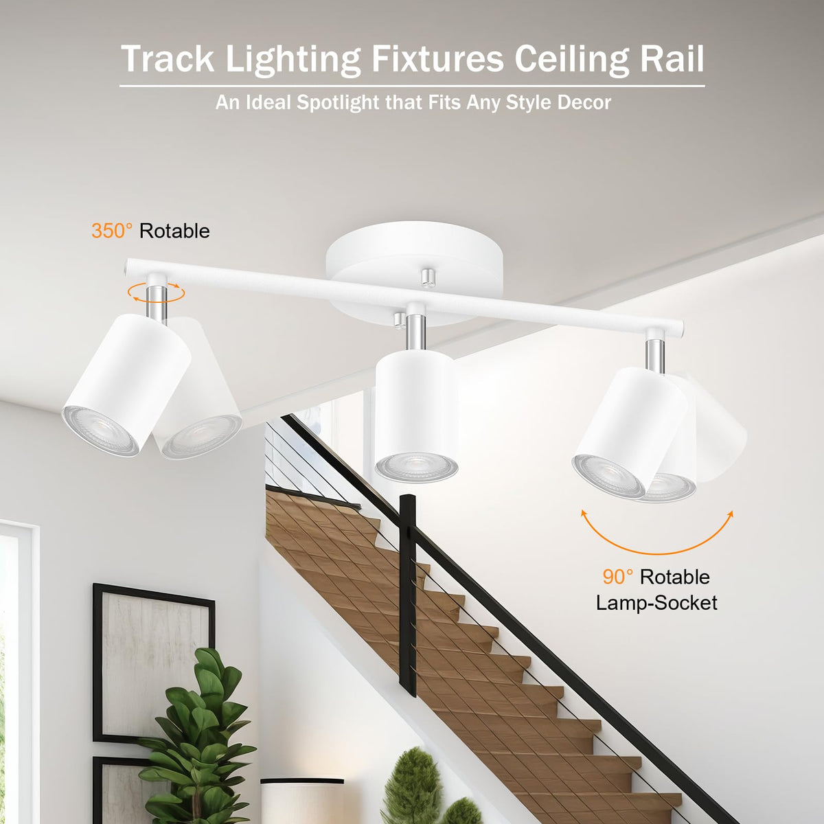 White Track Lighting, 3 Light Track Lighting Kit, White 3 Way Modern Ceiling Spotlight, Flexibly Rotatable Light