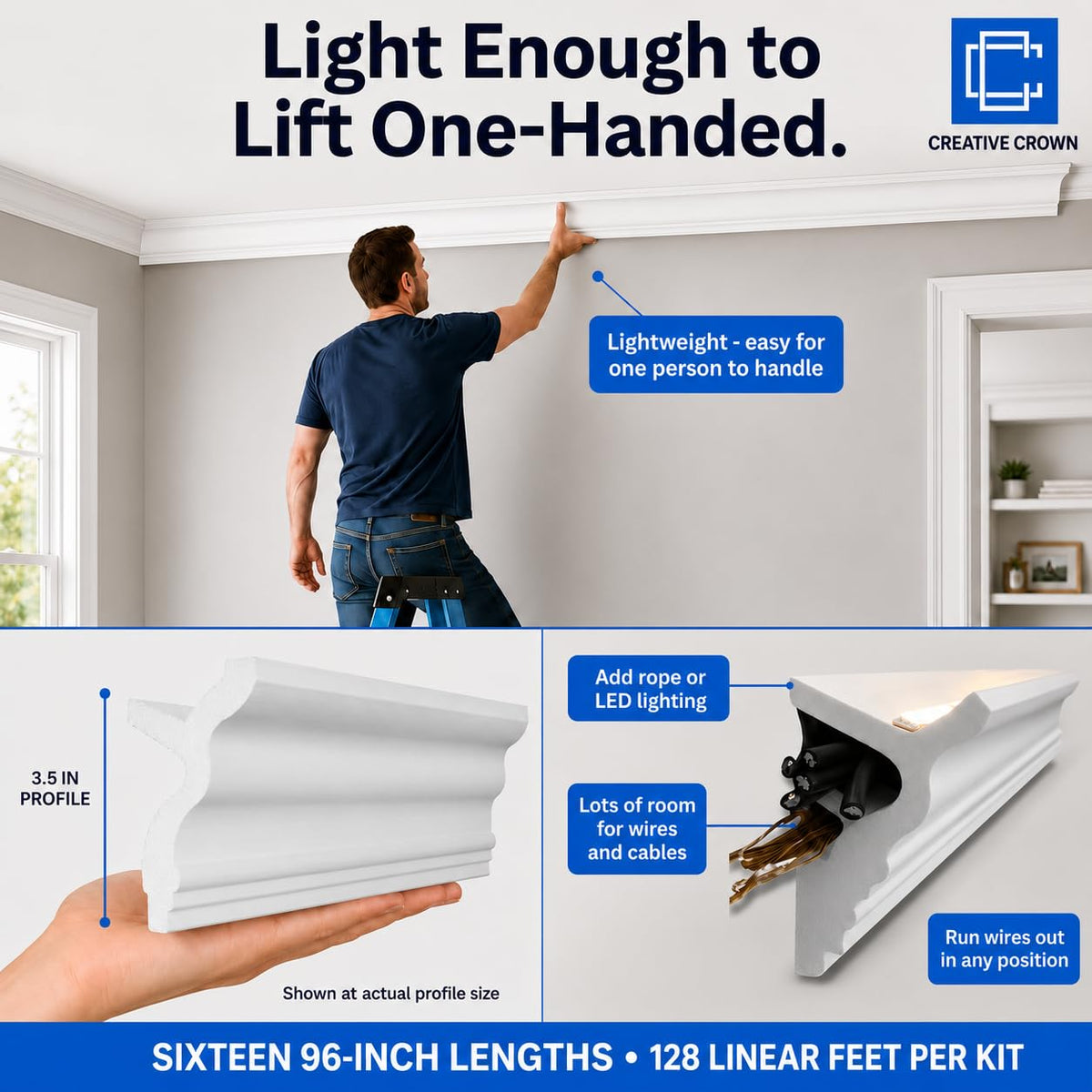 Engel 128 Ft Foam Crown Molding Kit with LED Channel, 3.5"