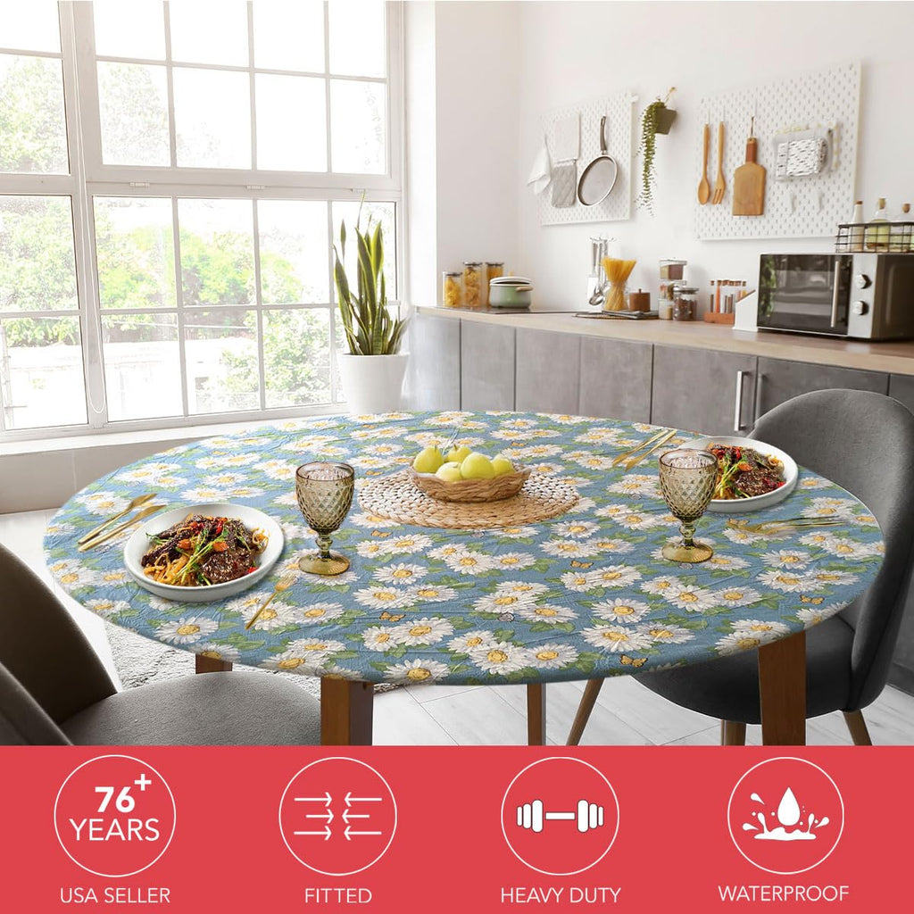 Deluxe Elastic Edged Flannel Backed Vinyl Fitted Table Cover - Daisy Pattern -Extra Large Round Oblong Oval - Fits