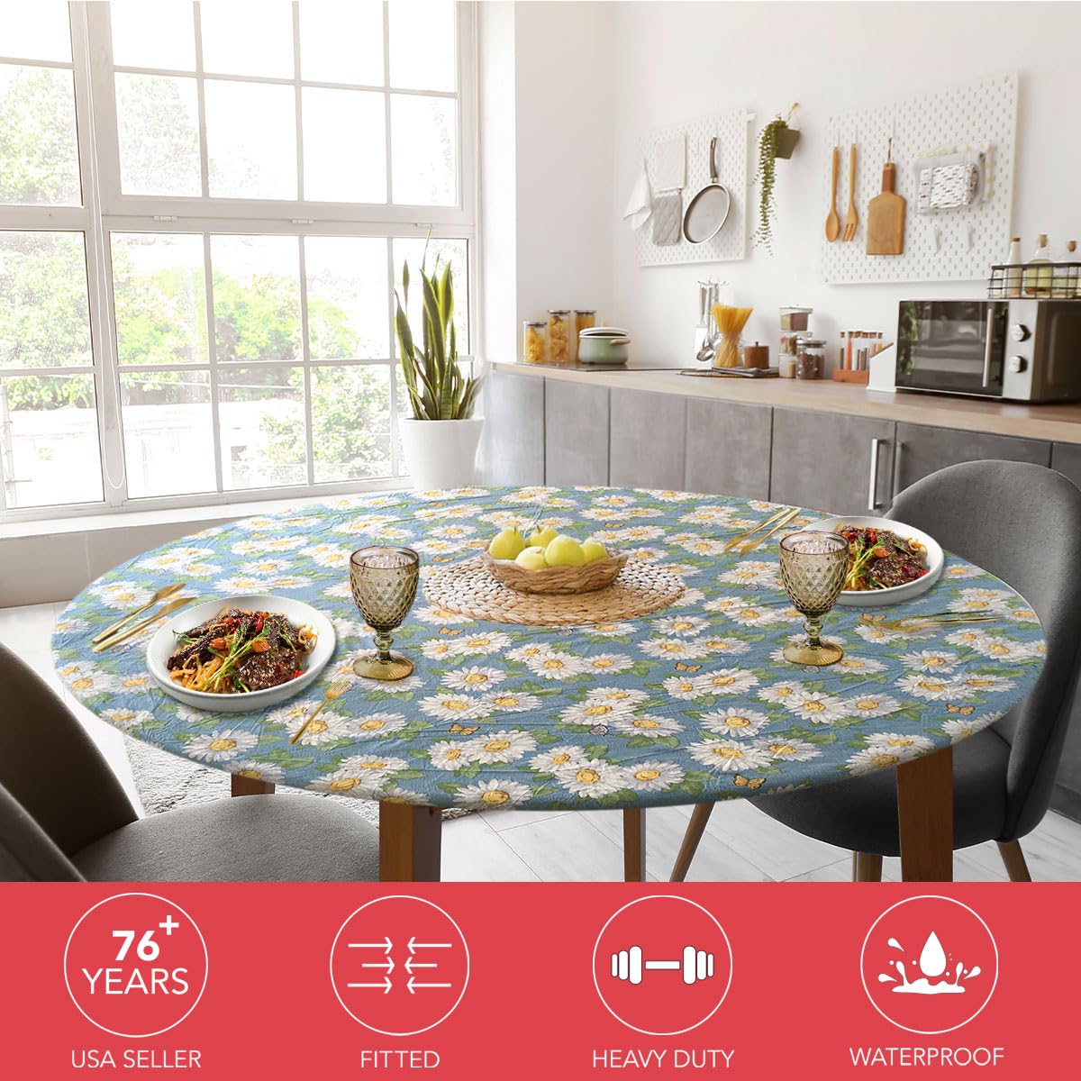 Deluxe Elastic Edged Flannel Backed Vinyl Fitted Table Cover - Daisy Pattern -Extra Large Round Oblong Oval - Fits