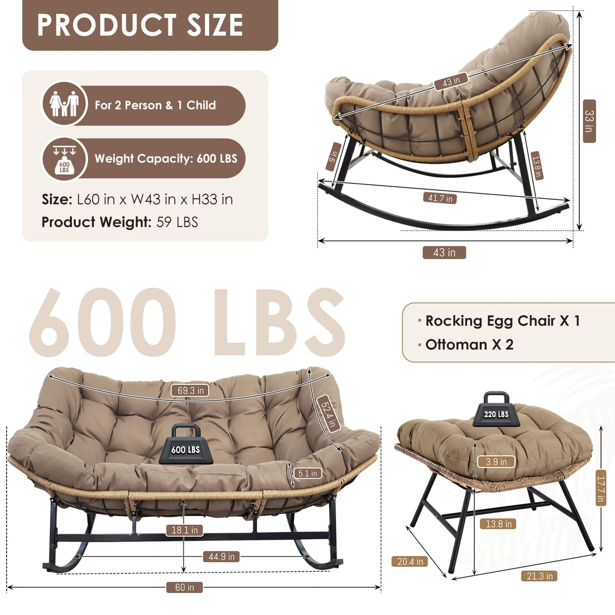 Inspired Egg Style Double Papasan Rocking Chair with Ottomans, Oversized Chairs