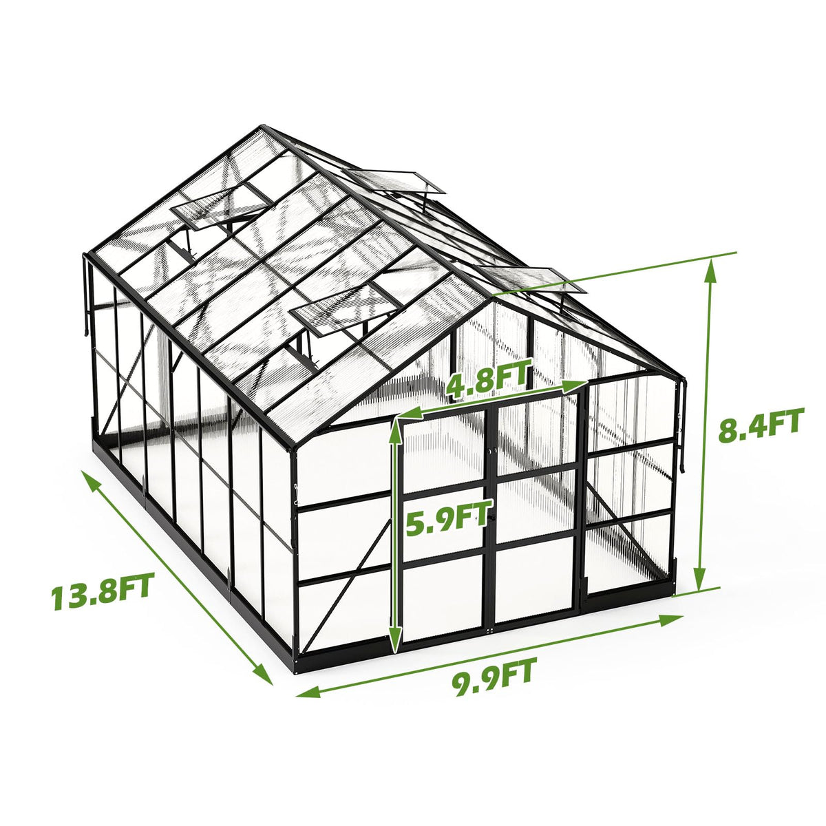 10x14 FT Polycarbonate Greenhouse with 4 Roof Vents
