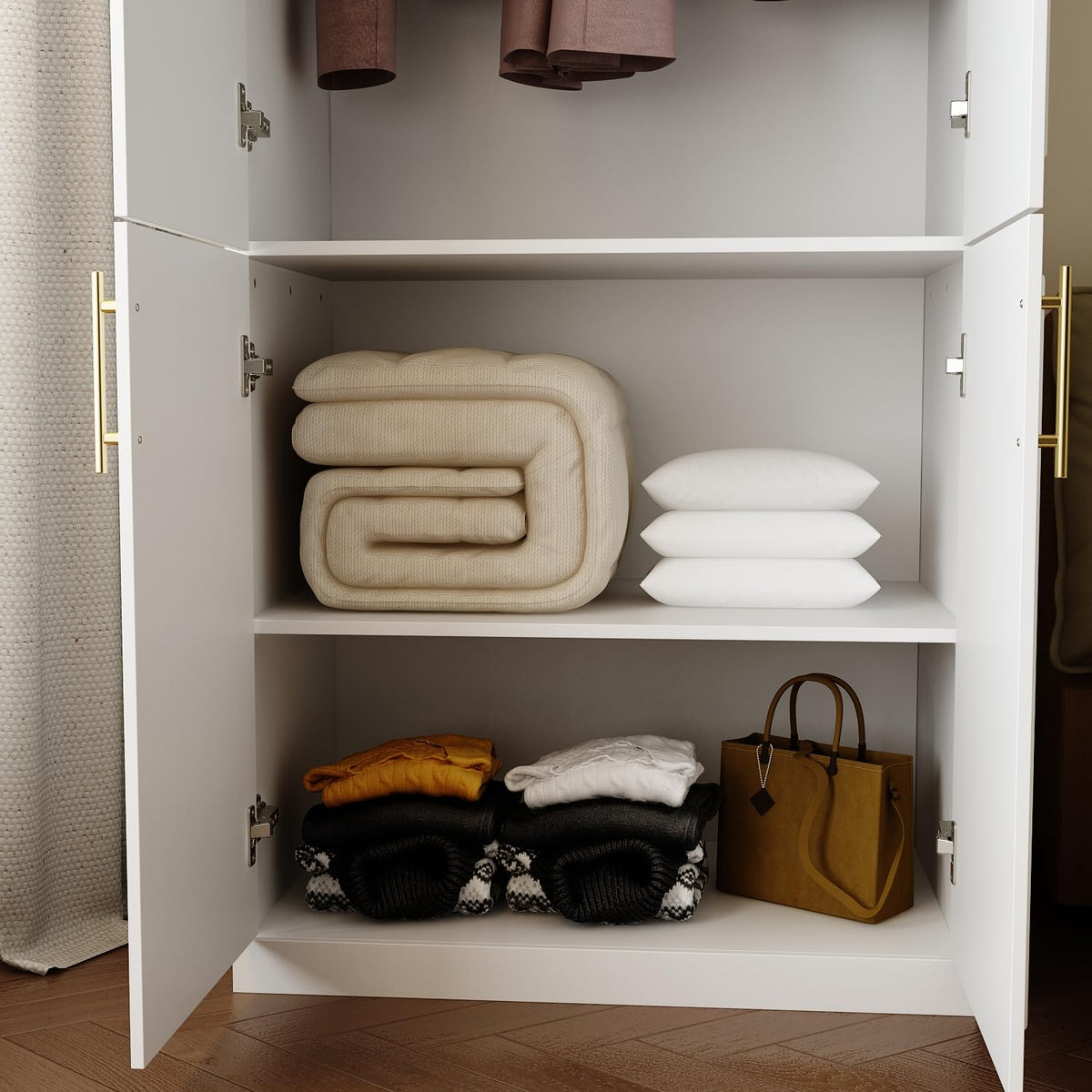 Wardrobe Closet with 4 Doors, Modern White Bedroom Armoire