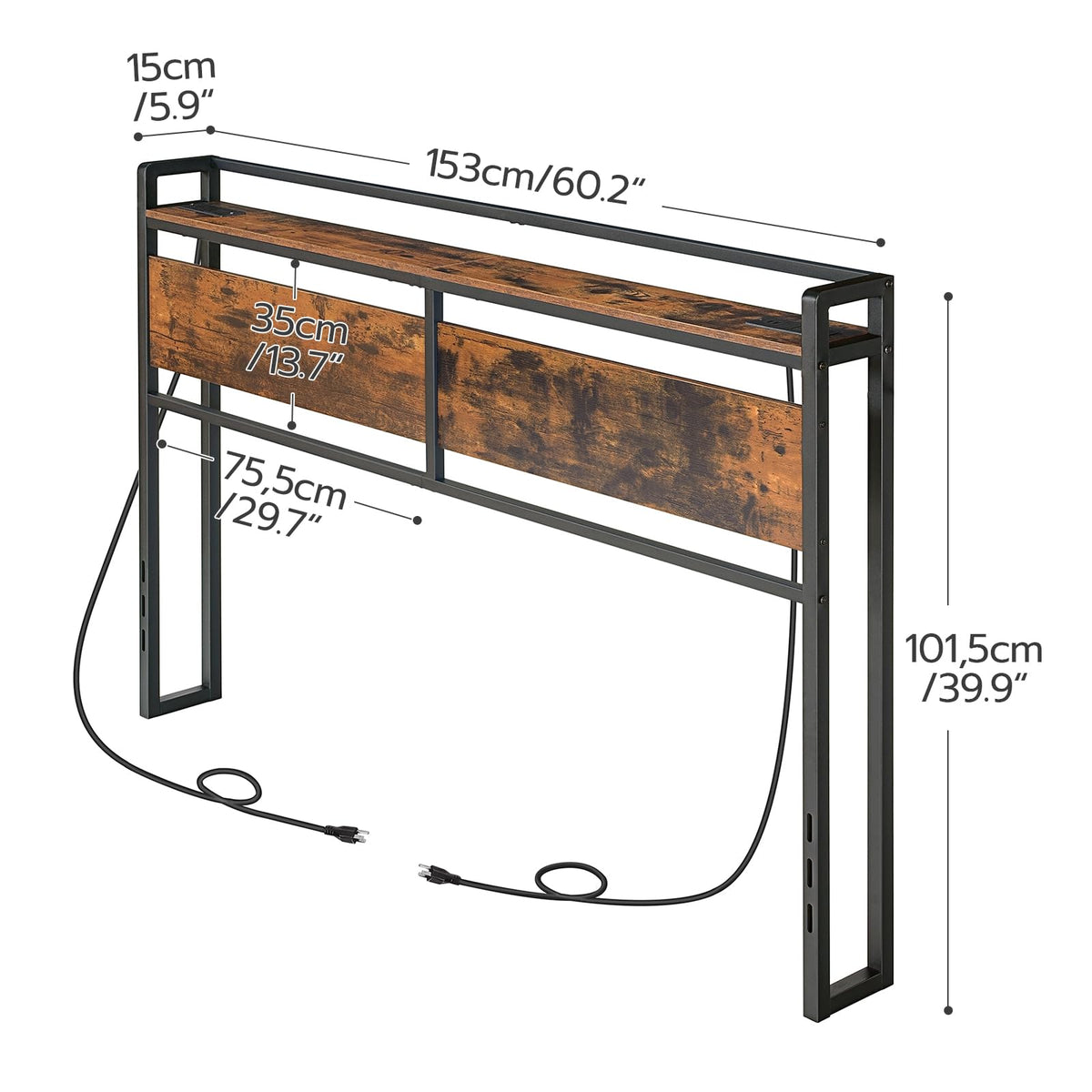 Headboard, Headboard with 2 Outlets and 4 USB Ports, Adjustable Height, Storage Rack, Sturdy and Stable