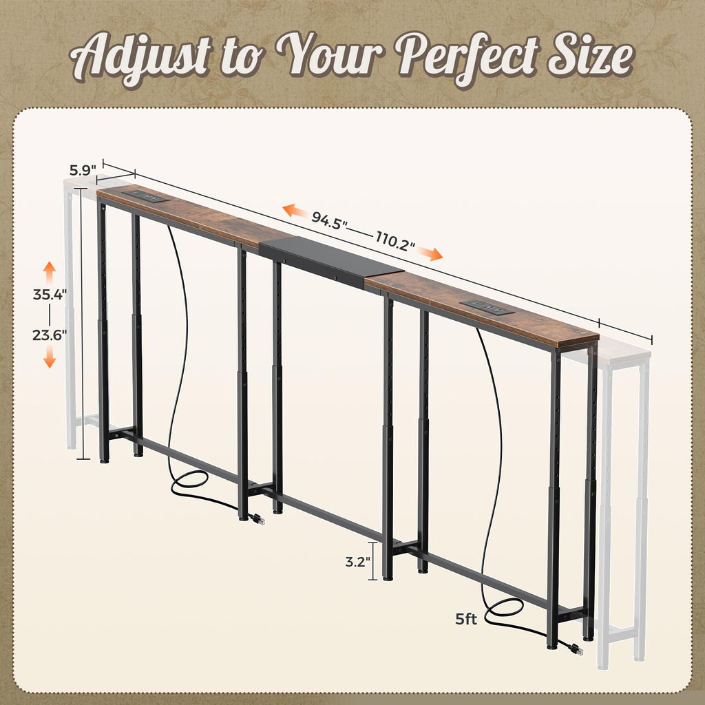 Narrow Console Table with Power Outlets & USB-C, Rustic Brown